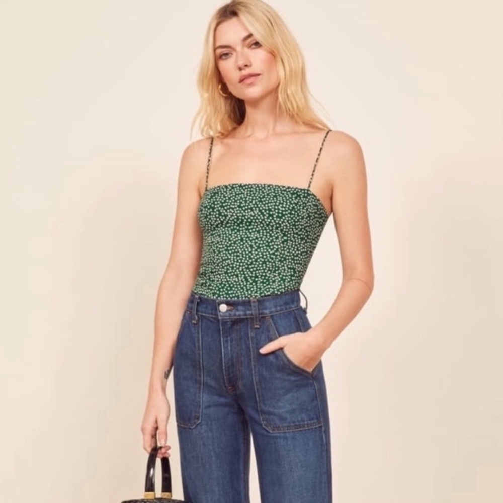 Reformation Green and White Smocked Floral Cami